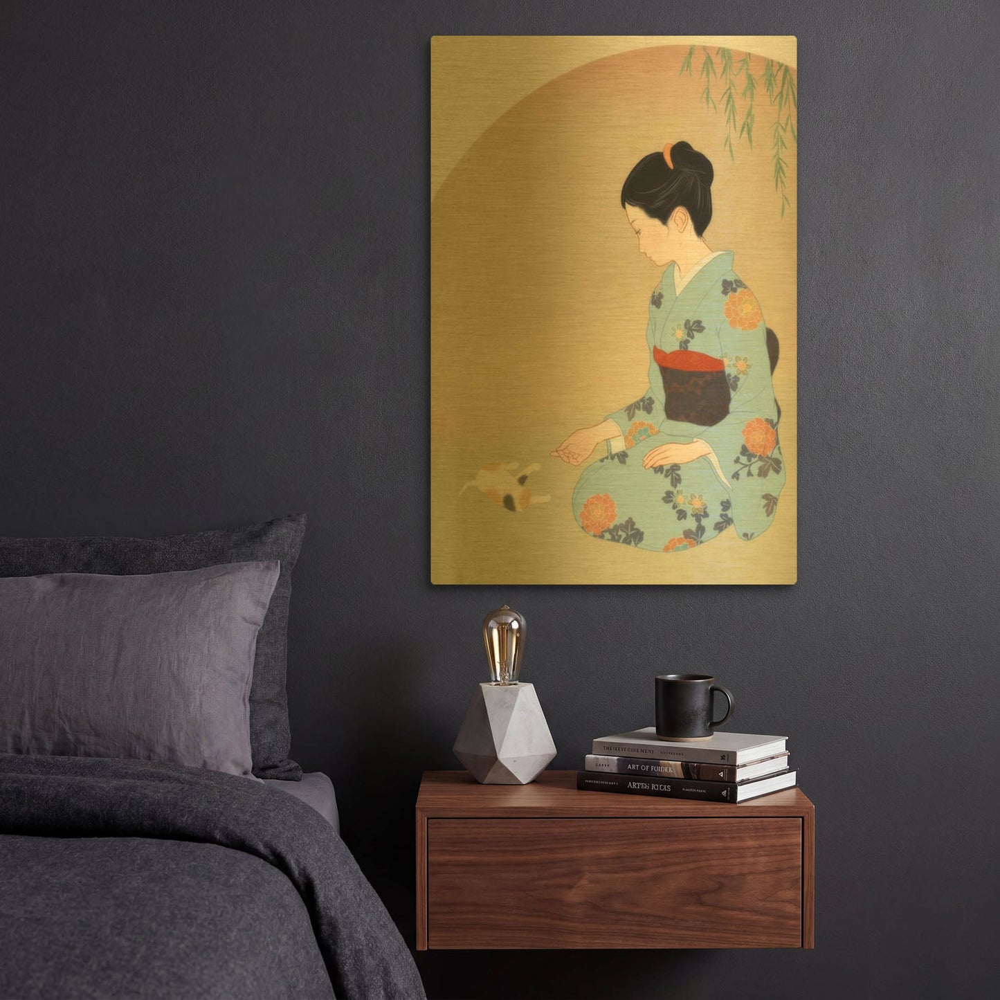 'Cat And Woman' By Sai Tamiya Gold Metal Wall Art