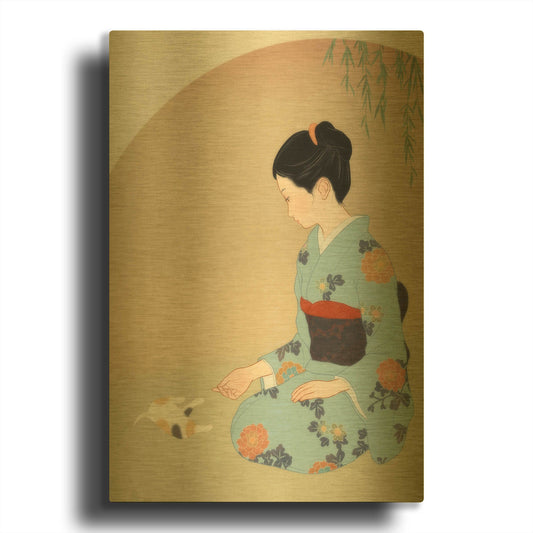'Cat And Woman' By Sai Tamiya Gold Metal Wall Art