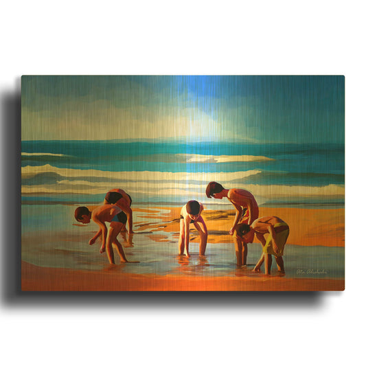 'Kids At The Beach' By Ata Alishahi Gold Metal Wall Art
