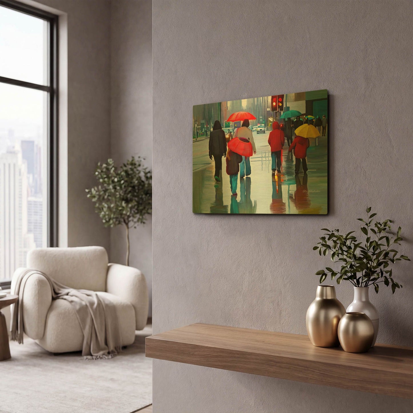 'Rainy Street' By Ata Alishahi Gold Metal Wall Art