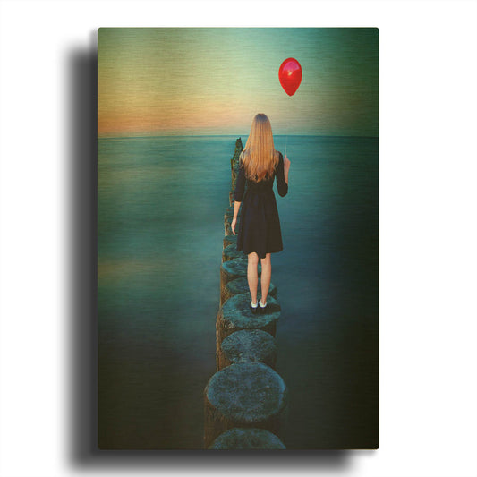 'A Girl And Red Balloon' By Ata Alishahi Gold Metal Wall Art