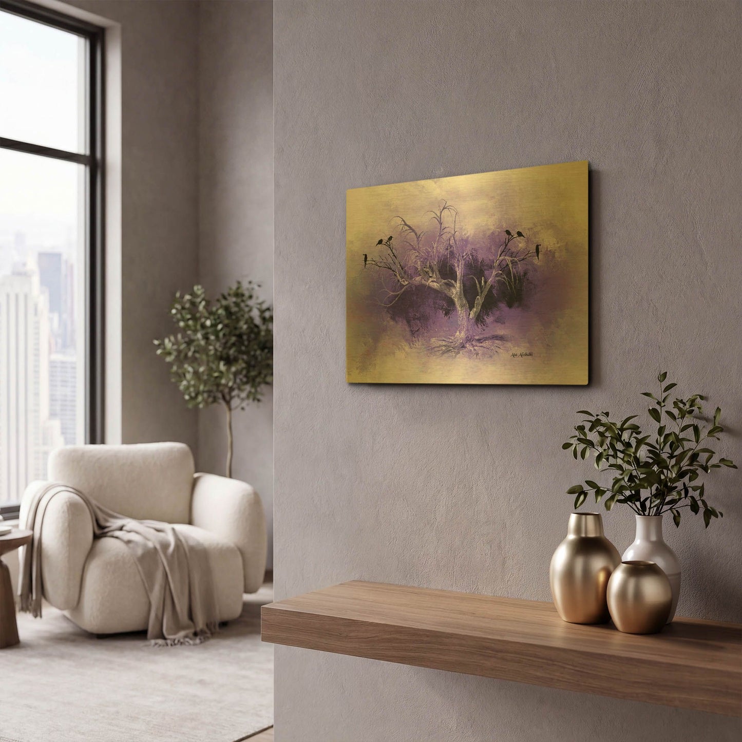 'Dead Tree And Black Birds' By Ata Alishahi Gold Metal Wall Art