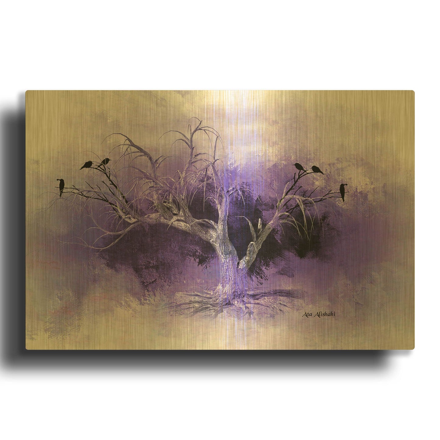 'Dead Tree And Black Birds' By Ata Alishahi Gold Metal Wall Art
