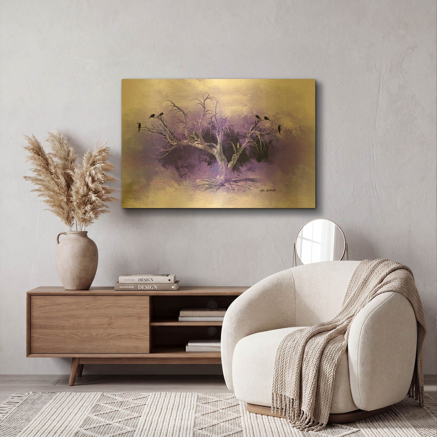 'Dead Tree And Black Birds' By Ata Alishahi Gold Metal Wall Art