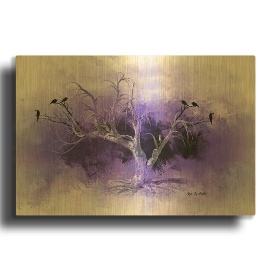 'Dead Tree And Black Birds' By Ata Alishahi Gold Metal Wall Art