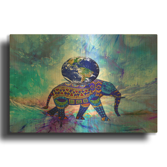 'Earth On Elephant' By Ata Alishahi Gold Metal Wall Art