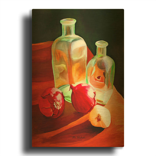 'Bottles And Onion' By Ata Alishahi Gold Metal Wall Art