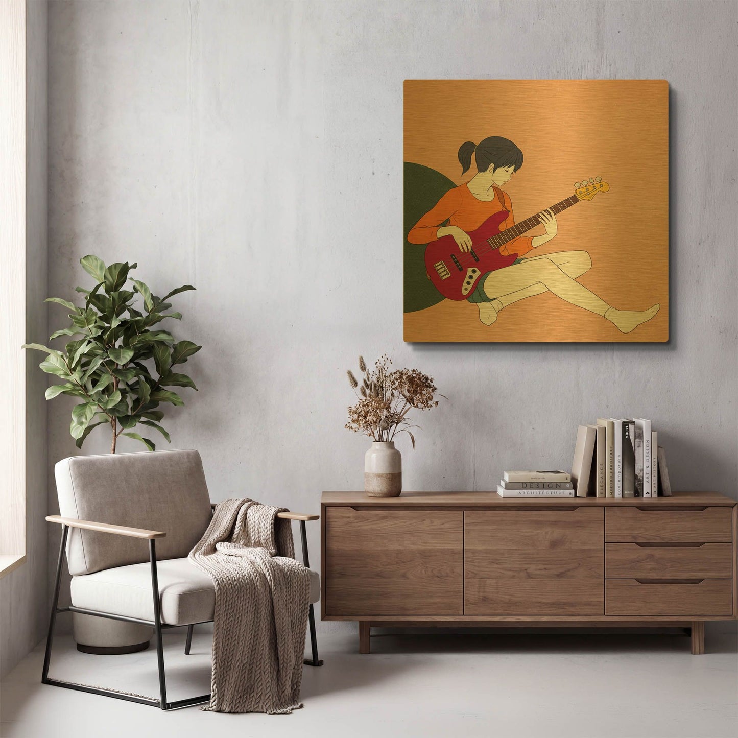 'Playing The Bass' By Sai Tamiya Gold Metal Wall Art