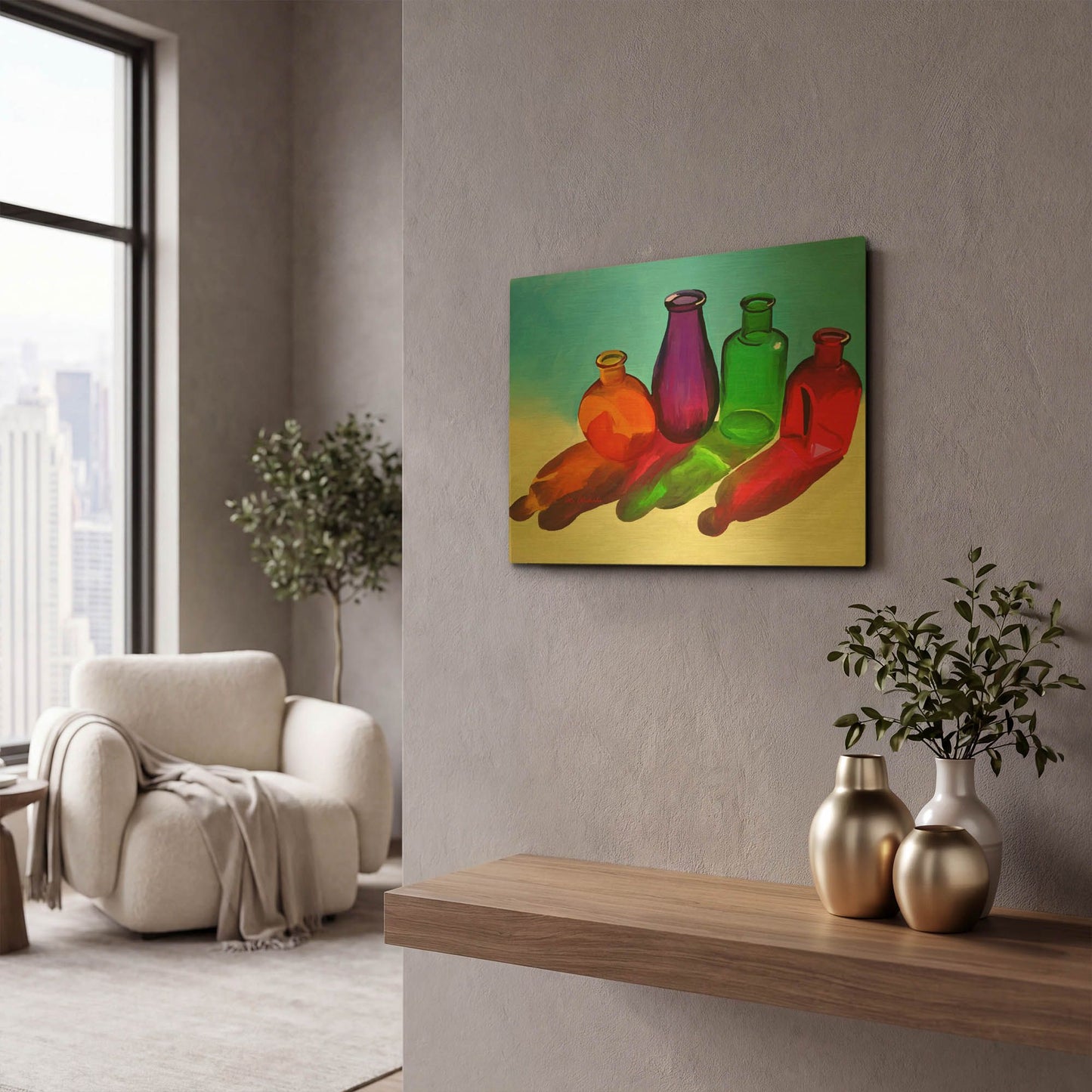'Colorful Bottles' By Ata Alishahi Gold Metal Wall Art