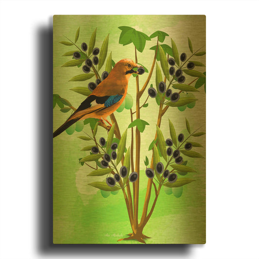 'Bird on Plant' By Ata Alishahi Gold Metal Wall Art