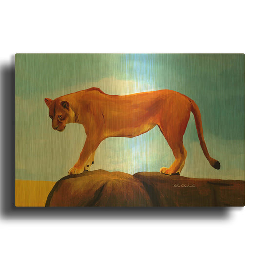 'Lioness On A Rock 1' By Ata Alishahi Gold Metal Wall Art