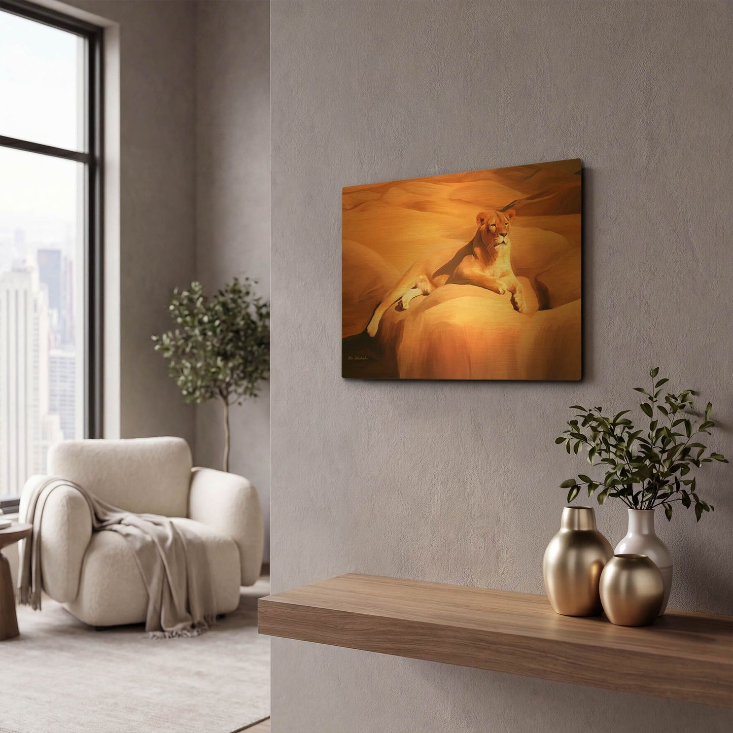 'Lioness On A Rock 2' By Ata Alishahi Gold Metal Wall Art