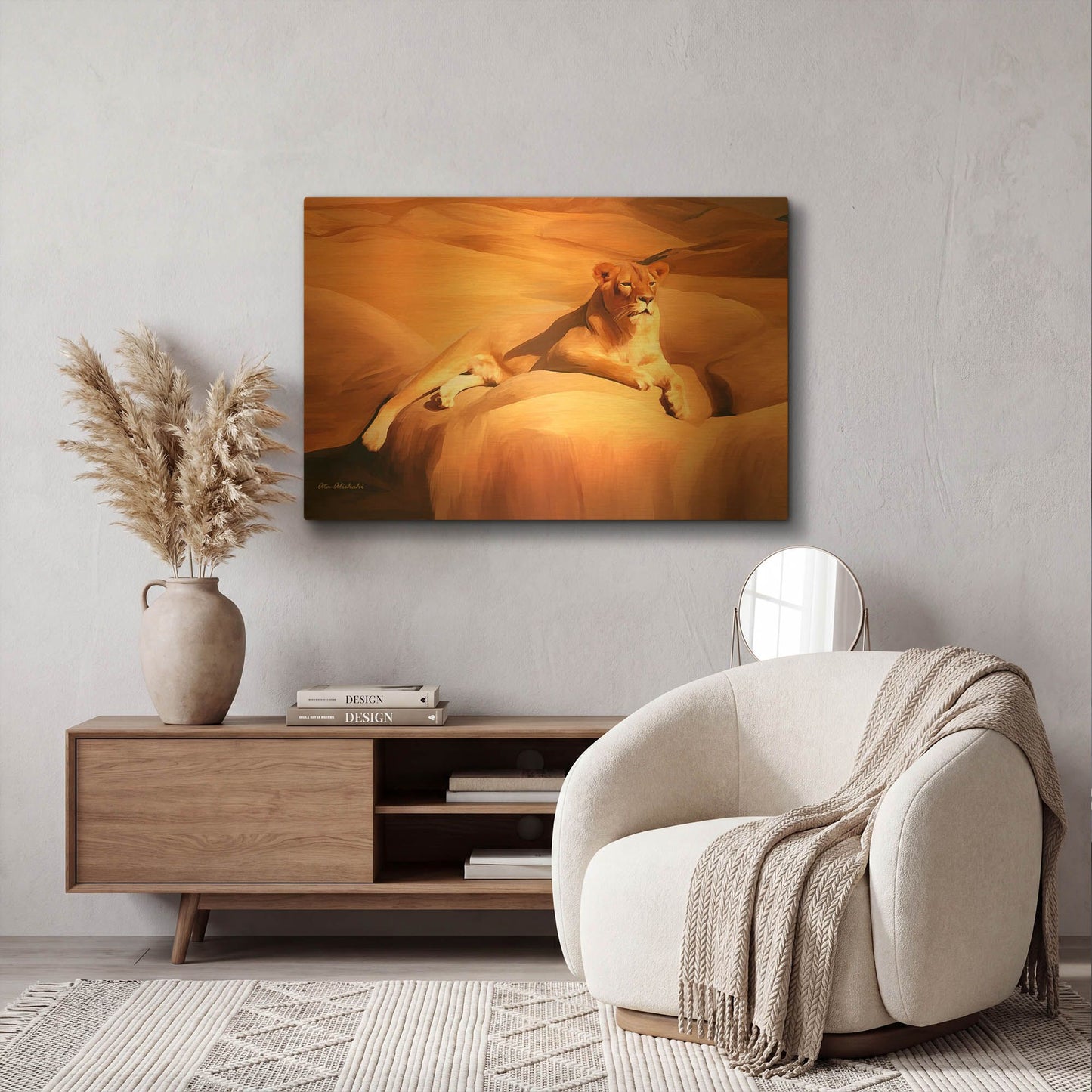 'Lioness On A Rock 2' By Ata Alishahi Gold Metal Wall Art