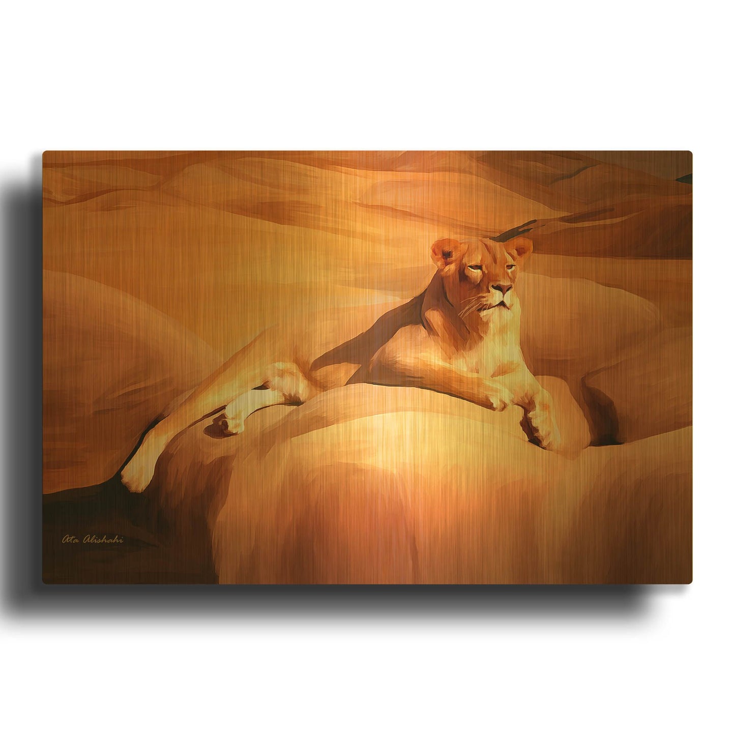 'Lioness On A Rock 2' By Ata Alishahi Gold Metal Wall Art
