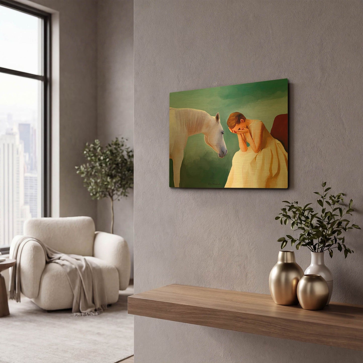 'Sad Girl And Horse' By Ata Alishahi Gold Metal Wall Art