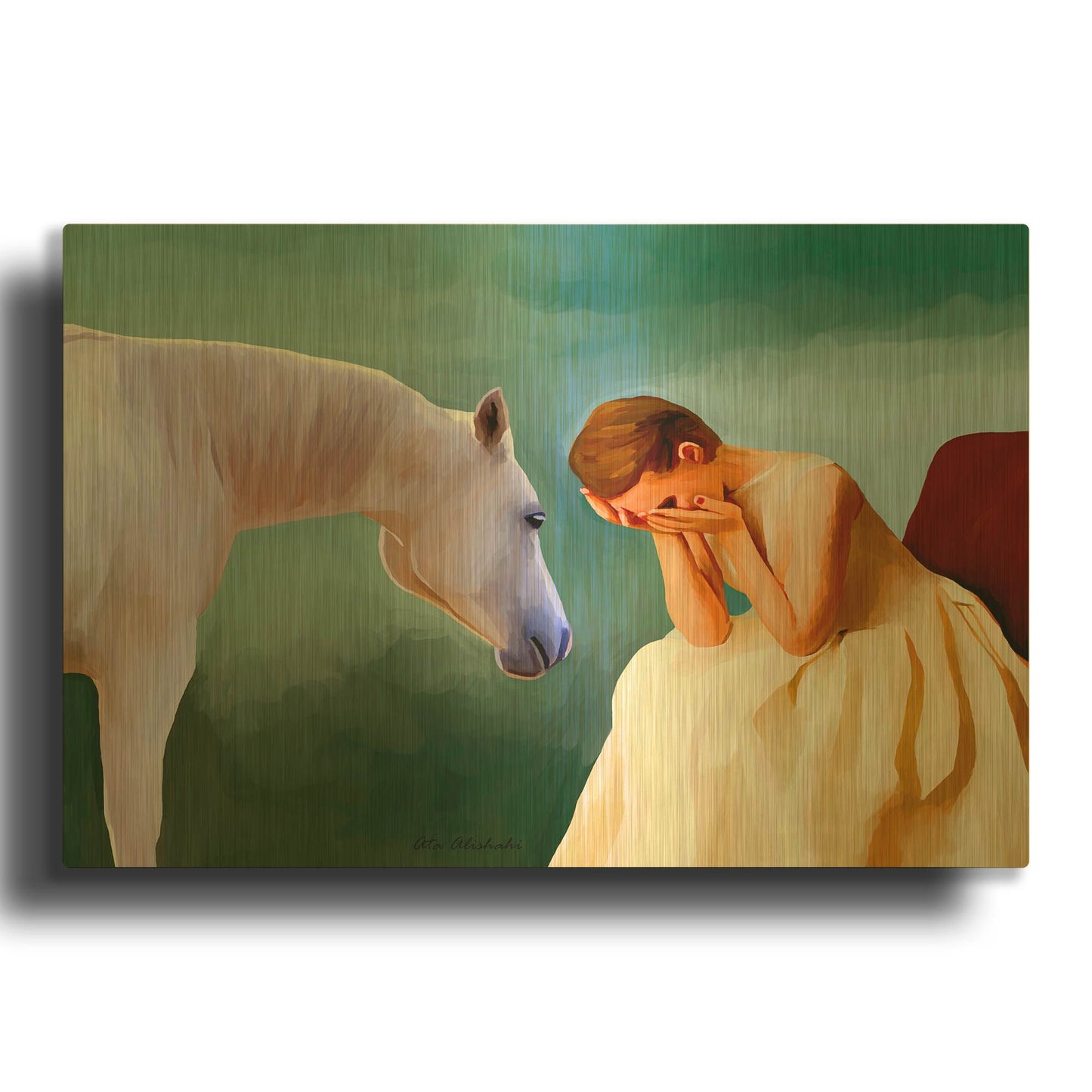 'Sad Girl And Horse' By Ata Alishahi Gold Metal Wall Art