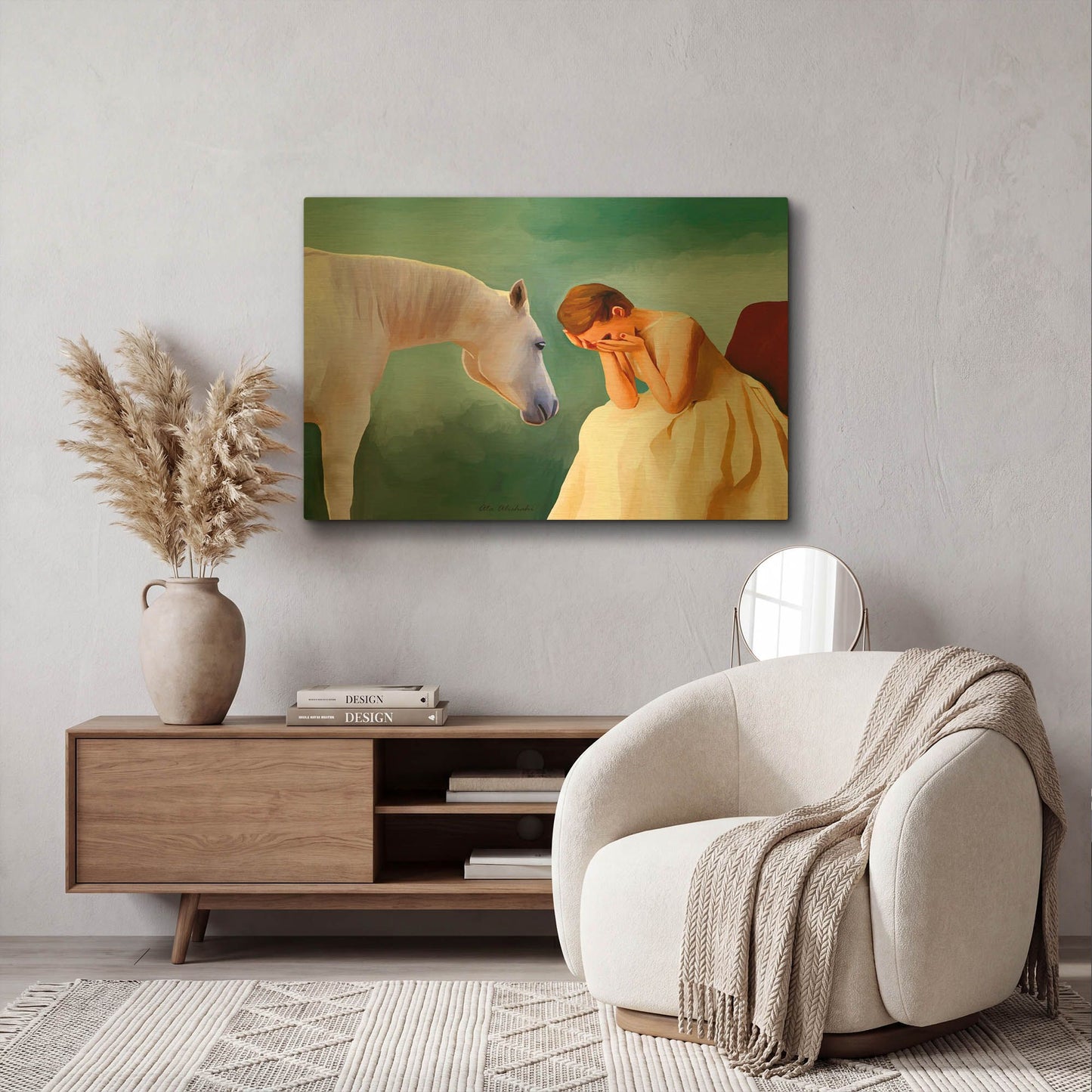 'Sad Girl And Horse' By Ata Alishahi Gold Metal Wall Art
