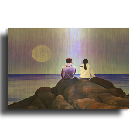 'Together Watching The Moon' By Ata Alishahi Gold Metal Wall Art