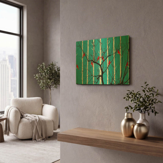 'Red Burds And Brunches' By Ata Alishahi Gold Metal Wall Art