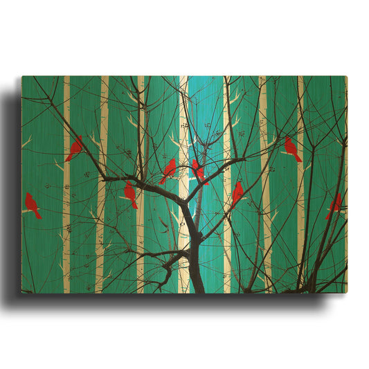 'Red Burds And Brunches' By Ata Alishahi Gold Metal Wall Art