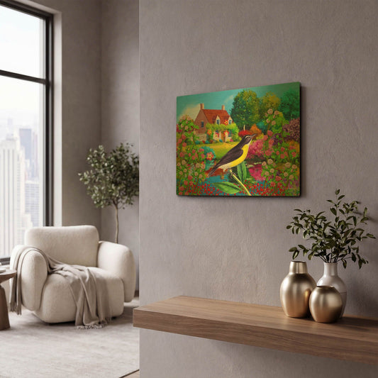 'Spring Bird And Flowers' By Ata Alishahi Gold Metal Wall Art