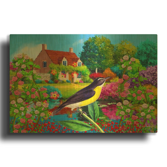 'Spring Bird And Flowers' By Ata Alishahi Gold Metal Wall Art