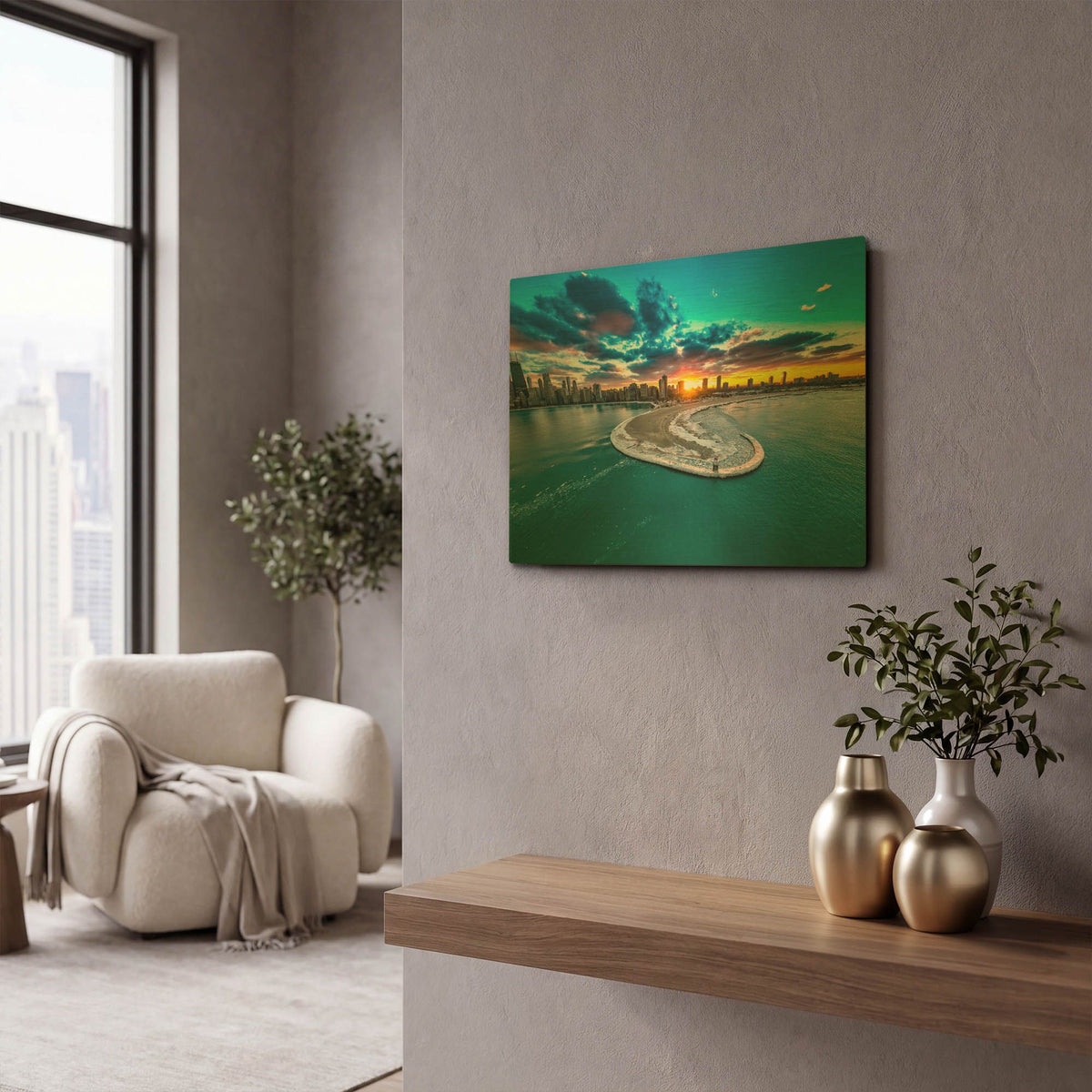 'Fiery Chicago Sunset' By AKG Gold Metal Wall Art