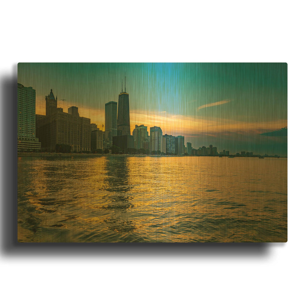 'AMazign Sunset in Chicago' By AKG Gold Metal Wall Art