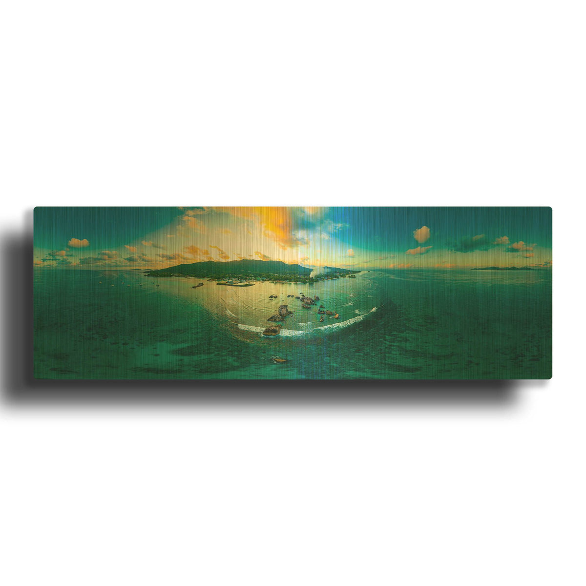'Seychelles - LaDigue from Rocks' By AKG Gold Metal Wall Art