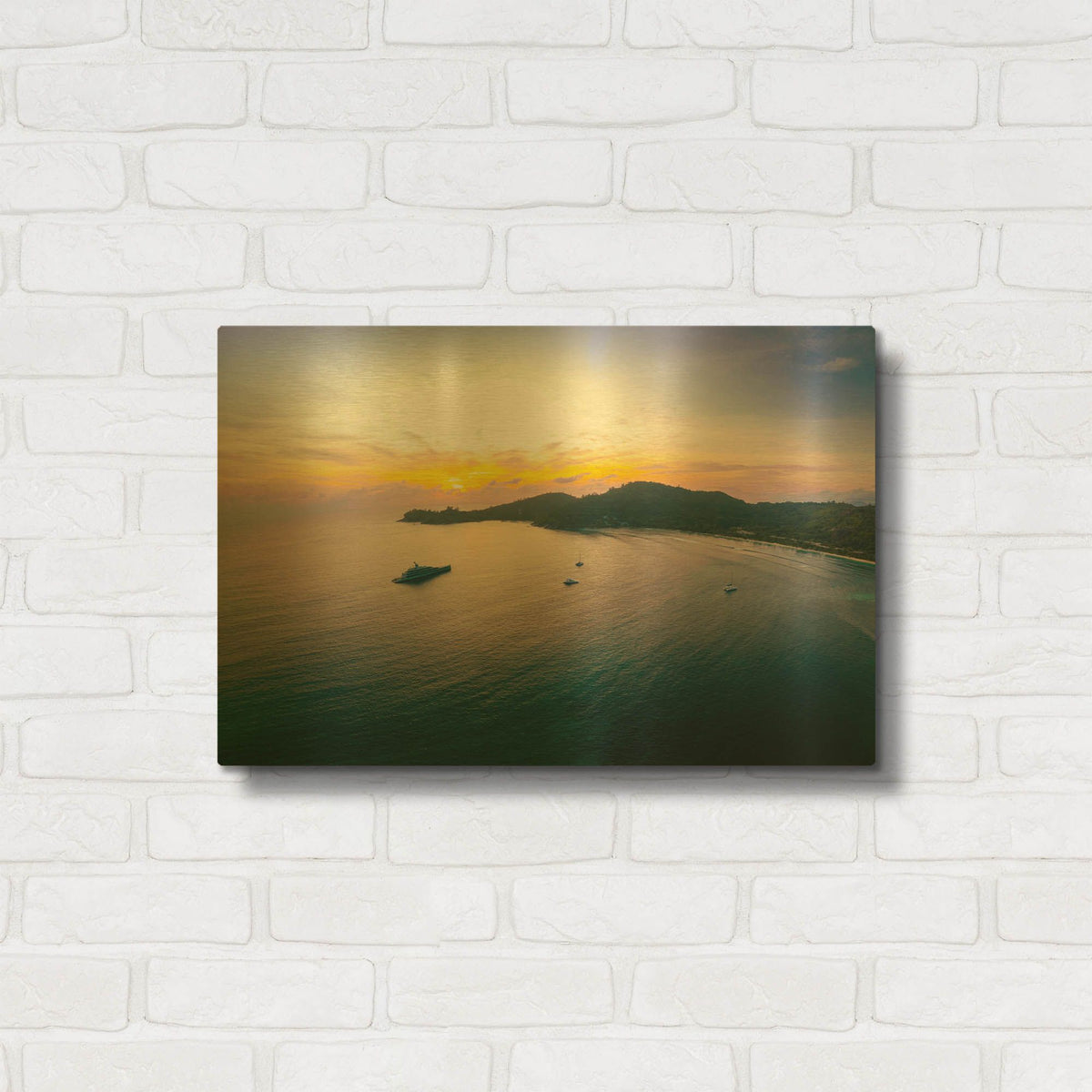 'Seychelles - Mahe Island Sunrise' By AKG Gold Metal Wall Art