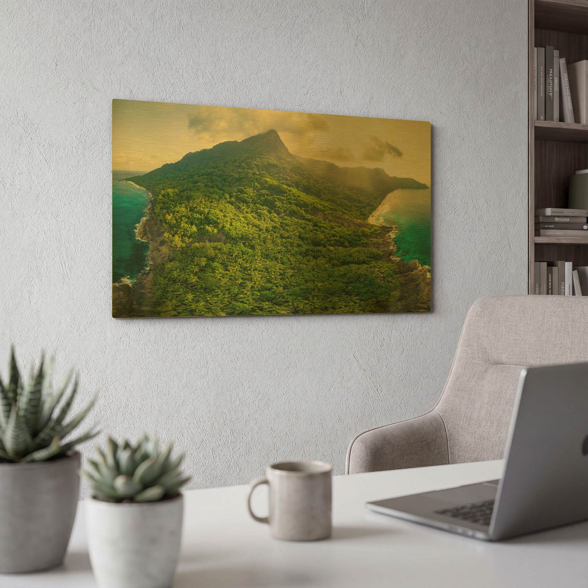 'Green Seychelles - Siloutte Island' By AKG Gold Metal Wall Art