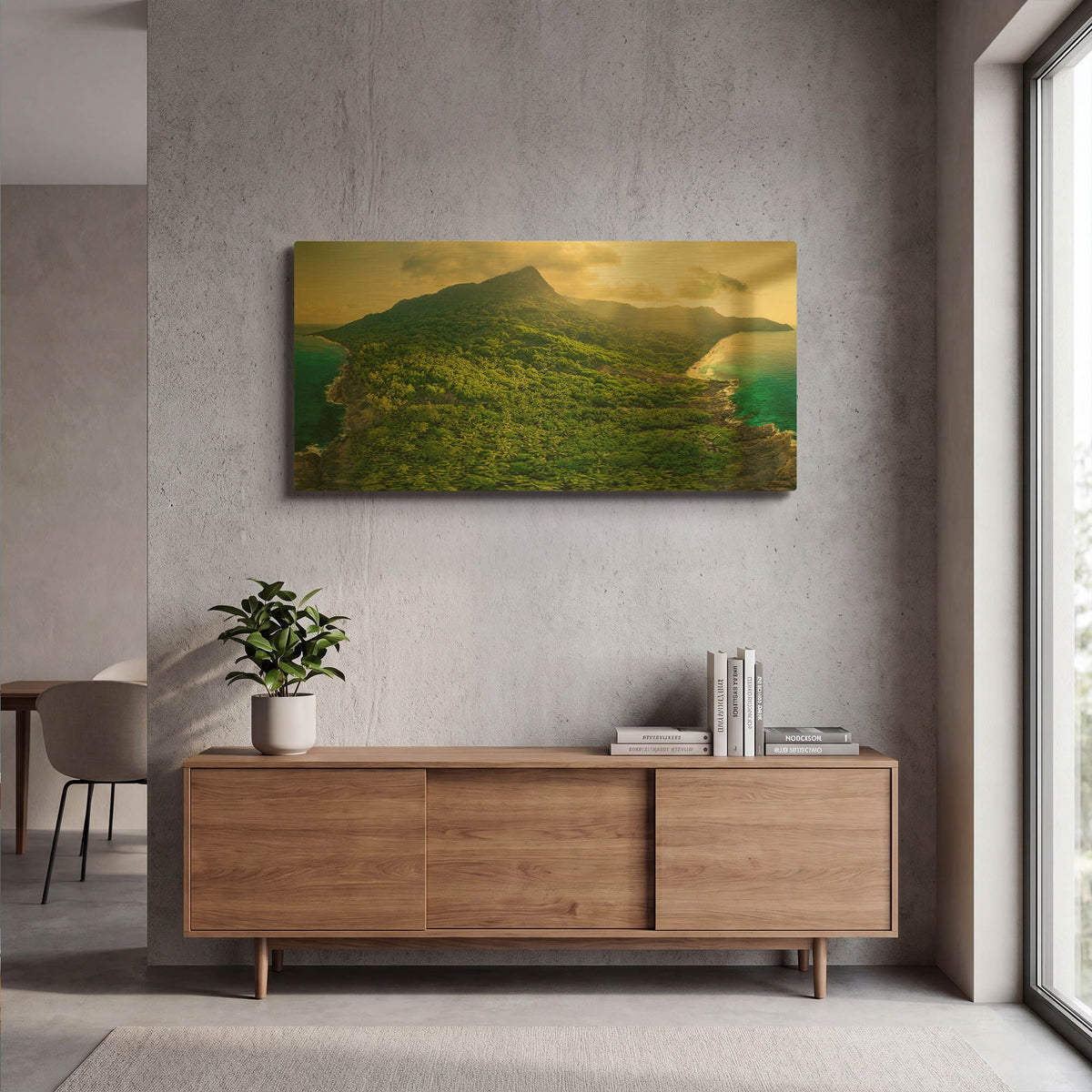 'Green Seychelles - Siloutte Island' By AKG Gold Metal Wall Art