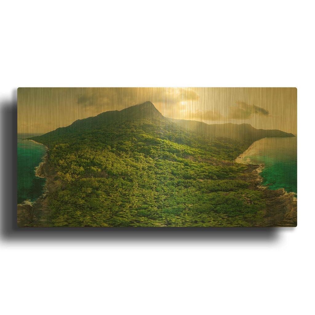 'Green Seychelles - Siloutte Island' By AKG Gold Metal Wall Art