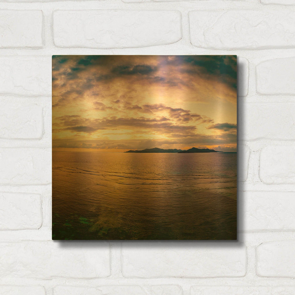 'Seychelles -Praslin Island Sunset' By AKG Gold Metal Wall Art