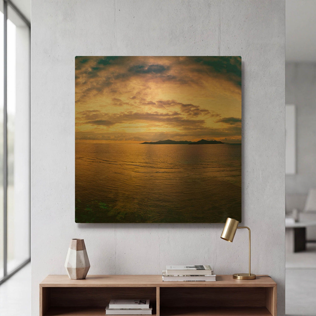'Seychelles -Praslin Island Sunset' By AKG Gold Metal Wall Art