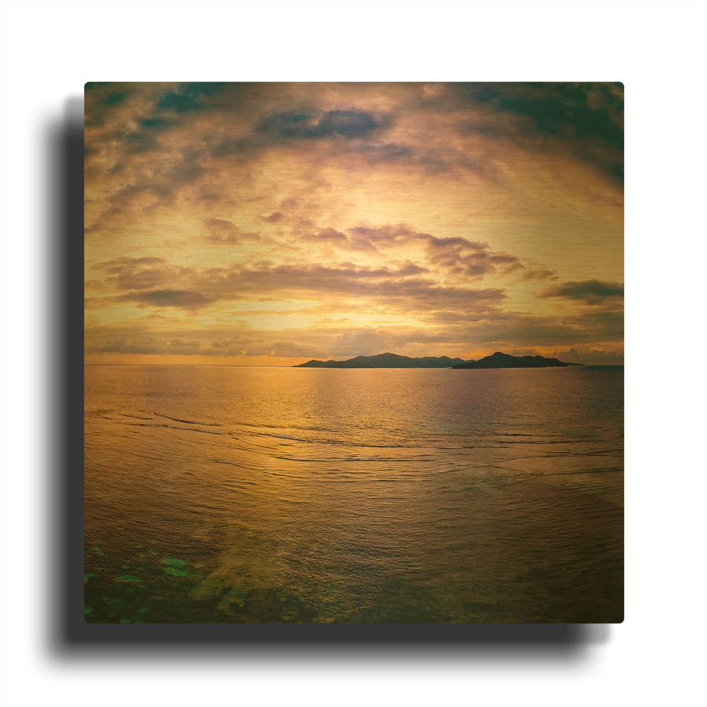 'Seychelles -Praslin Island Sunset' By AKG Gold Metal Wall Art
