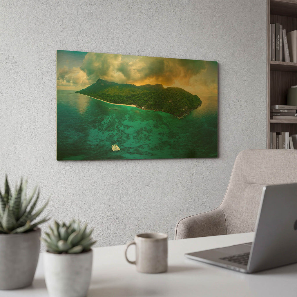 'Seychelles - Siloutte Island' By AKG Gold Metal Wall Art