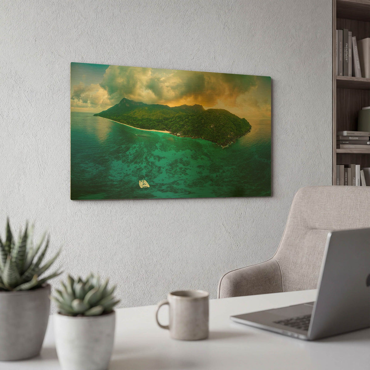 'Seychelles - Siloutte Island' By AKG Gold Metal Wall Art