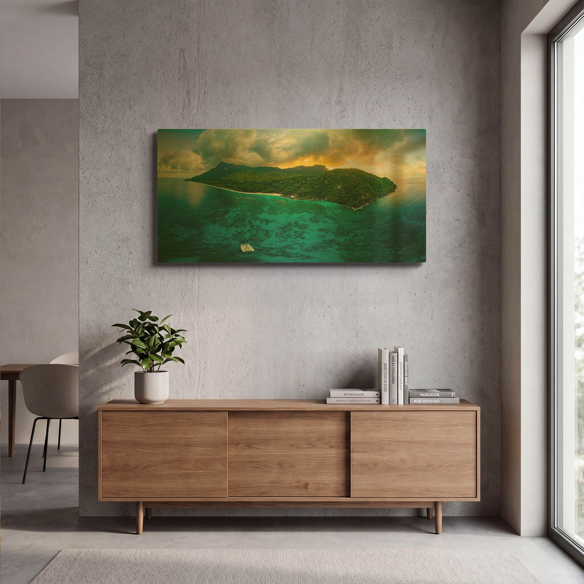 'Seychelles - Siloutte Island' By AKG Gold Metal Wall Art