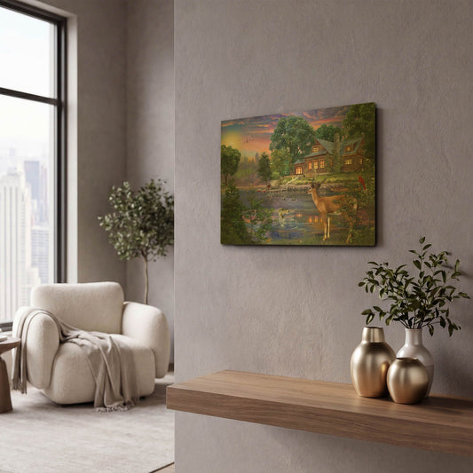 'White Tail Deer Lakehouse' By Bigelow Illustrations Gold Metal Wall Art