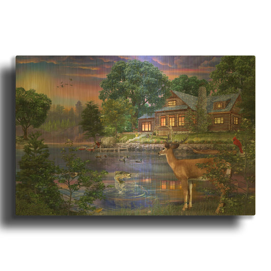 'White Tail Deer Lakehouse' By Bigelow Illustrations Gold Metal Wall Art
