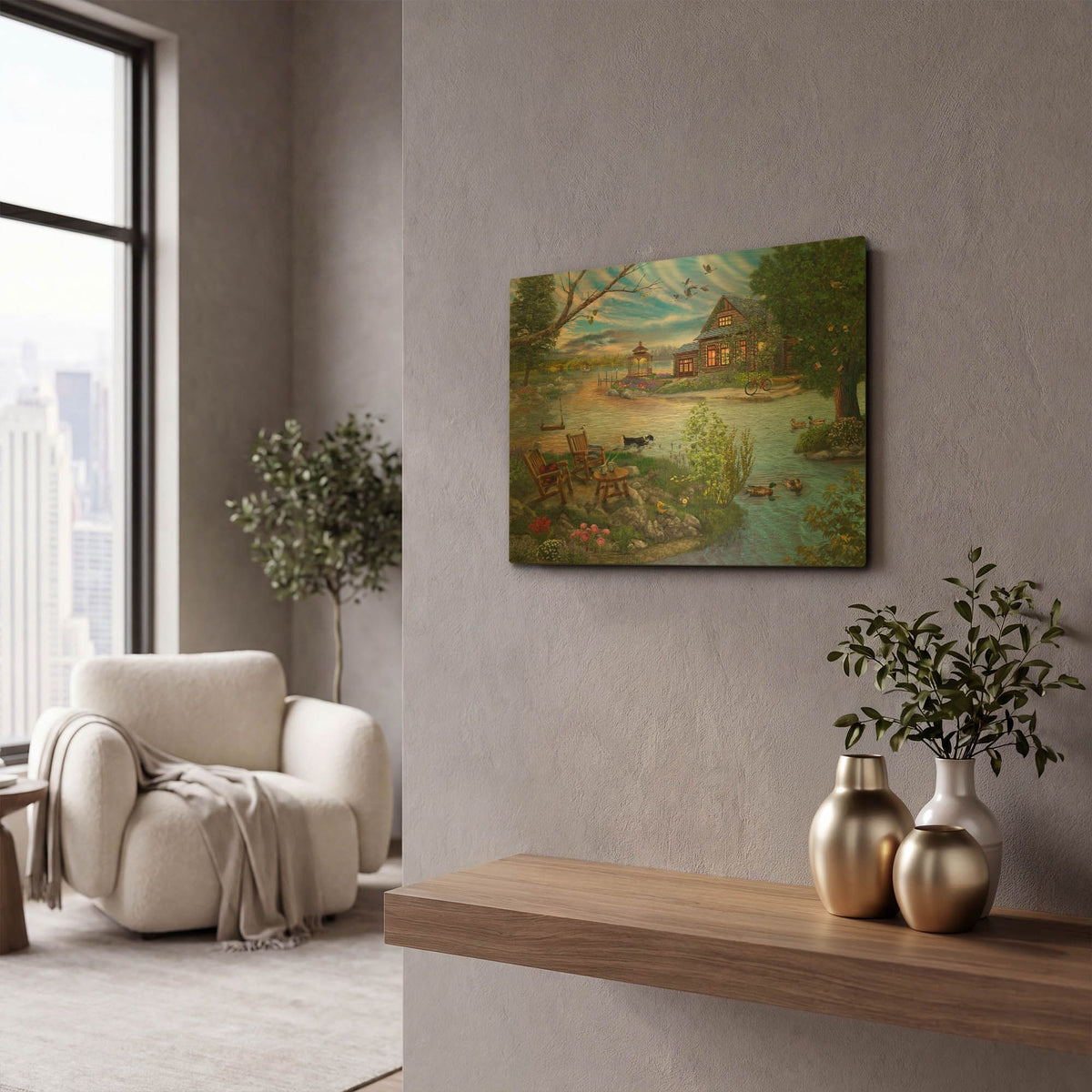 'Coffee on the Lakeshore' By Bigelow Illustrations Gold Metal Wall Art