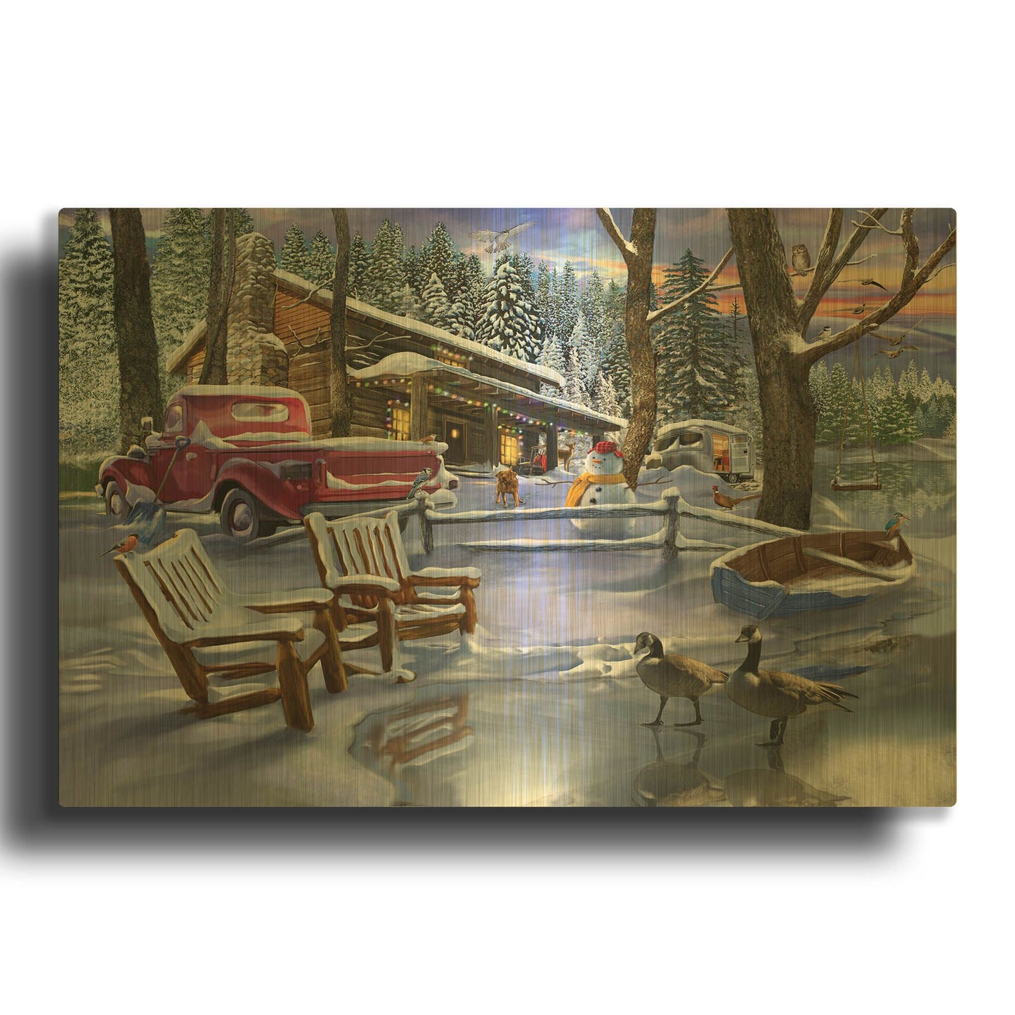 'Winter Cabin' By Bigelow Illustrations Gold Metal Wall Art