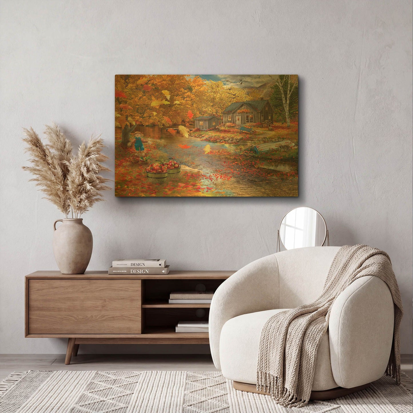 'Autumn Cabin' By Bigelow Illustrations Gold Metal Wall Art