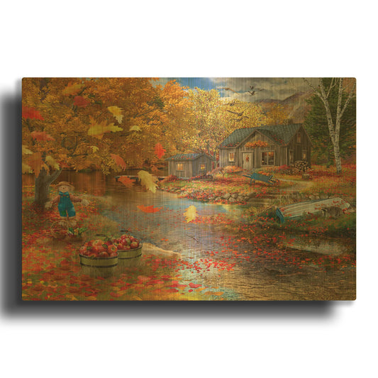 'Autumn Cabin' By Bigelow Illustrations Gold Metal Wall Art