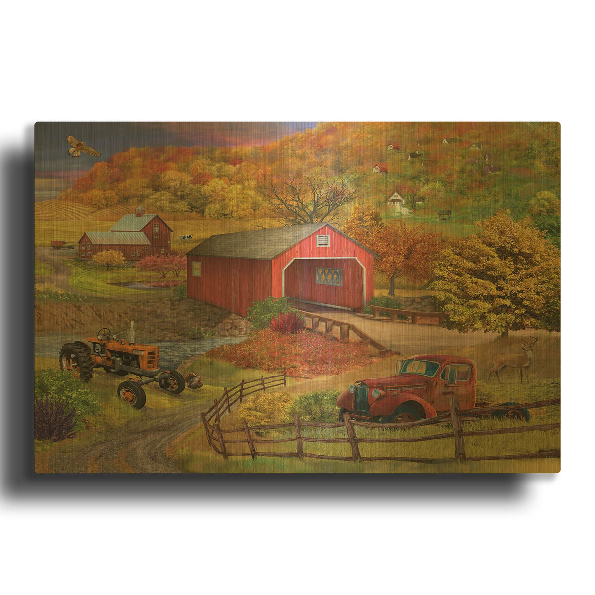 'Fall Bridge' By Bigelow Illustrations Gold Metal Wall Art