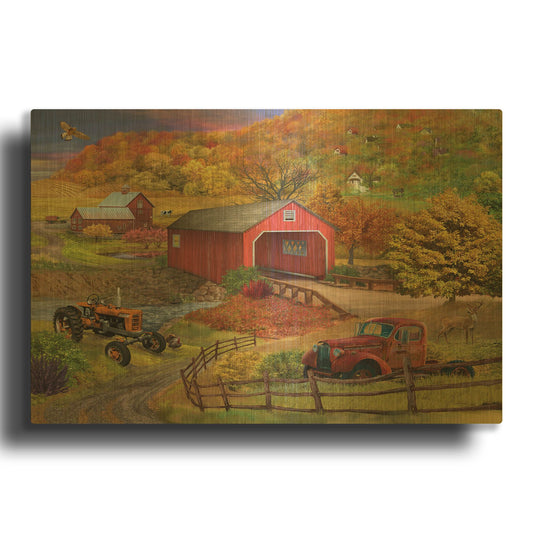 'Fall Bridge' By Bigelow Illustrations Gold Metal Wall Art