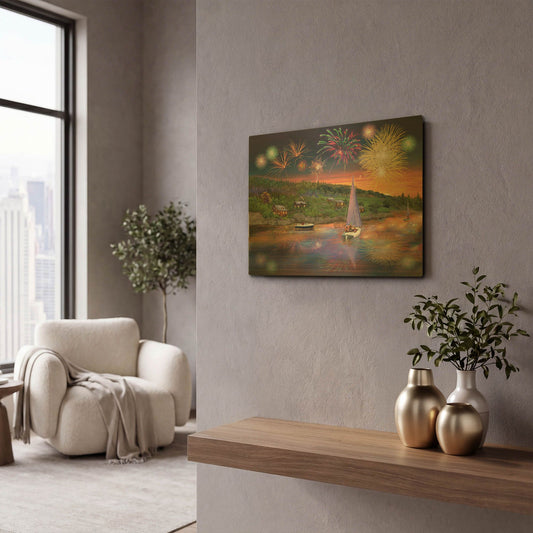 'Sailboat Fireworks' By Bigelow Illustrations Gold Metal Wall Art