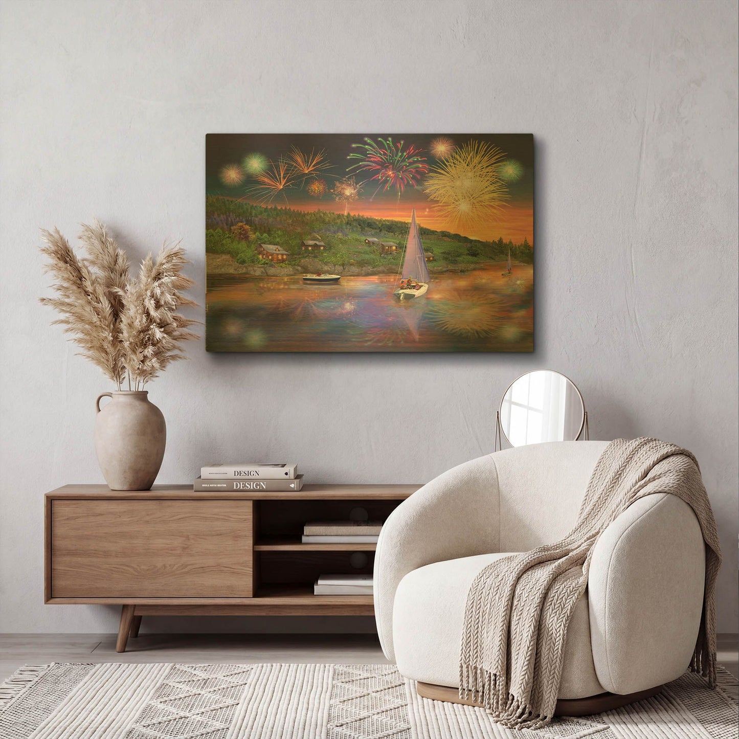 'Sailboat Fireworks' By Bigelow Illustrations Gold Metal Wall Art