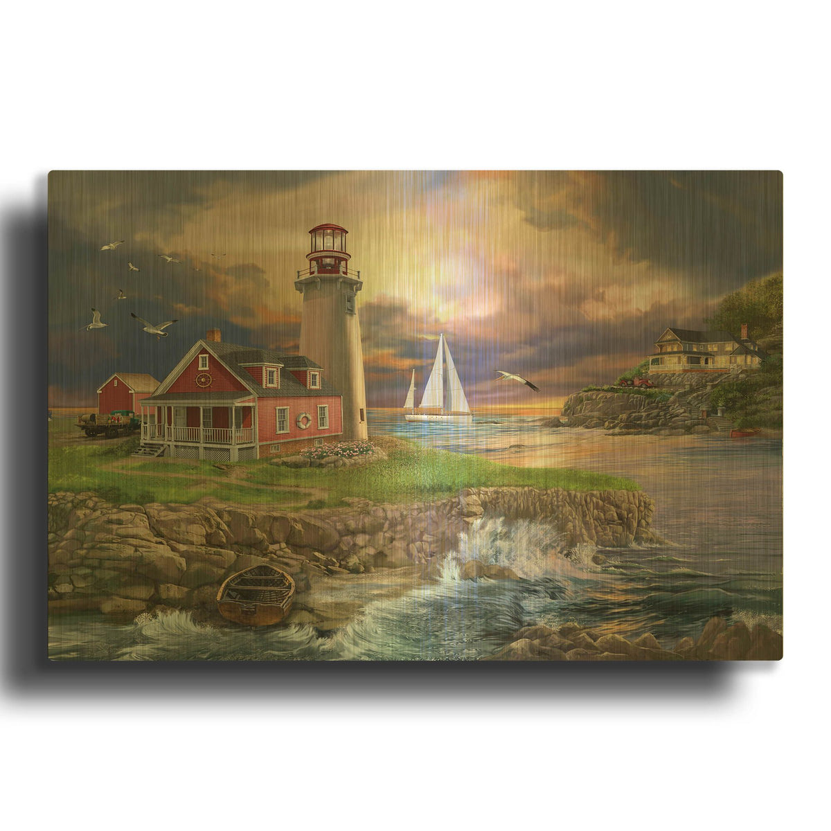 'Sunset Point Lighthouse' By Bigelow Illustrations Gold Metal Wall Art